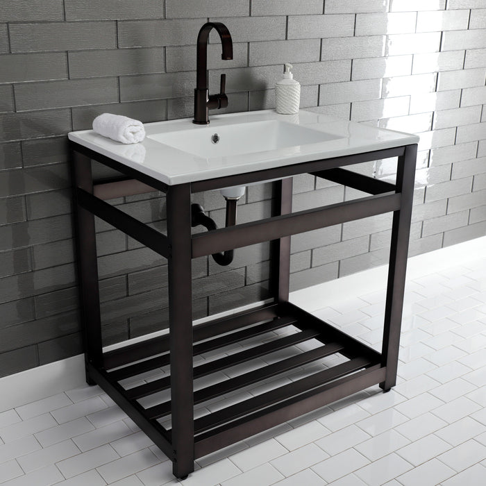 Kingston Sona VWP3122A5 - Quadras 31-Inch Ceramic Console Sink with Steel Base and Shelf (1-Hole), White/Oil Rubbed Bronze