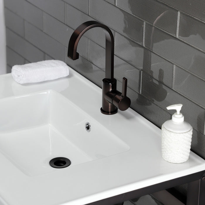 Kingston Sona VWP3122A5 - Quadras 31-Inch Ceramic Console Sink with Steel Base and Shelf (1-Hole), White/Oil Rubbed Bronze