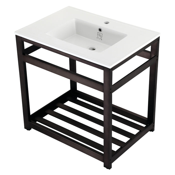 Kingston Sona VWP3122A5 - Quadras 31-Inch Ceramic Console Sink with Steel Base and Shelf (1-Hole), White/Oil Rubbed Bronze