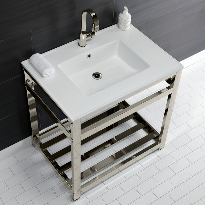 Kingston Sona VWP3122A6 - Quadras 31-Inch Ceramic Console Sink with Steel Base and Shelf (1-Hole), White/Polished Nickel