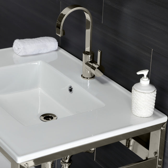 Kingston Sona VWP3122A6 - Quadras 31-Inch Ceramic Console Sink with Steel Base and Shelf (1-Hole), White/Polished Nickel