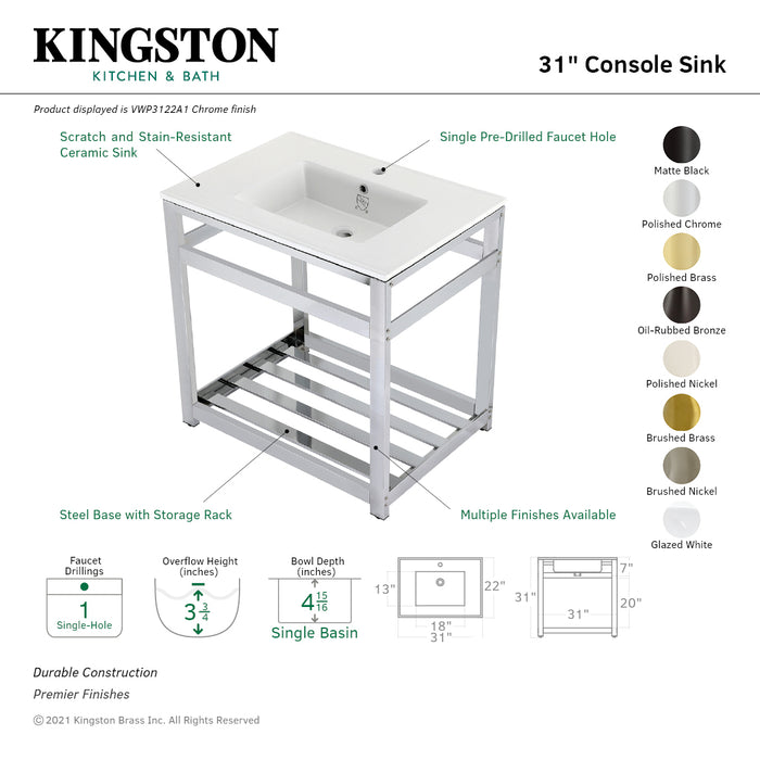 Kingston Sona VWP3122A8 - Quadras 31-Inch Ceramic Console Sink with Steel Base and Shelf (1-Hole), White/Brushed Nickel