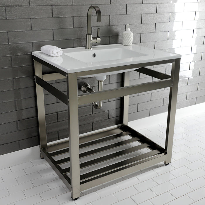 Kingston Sona VWP3122A8 - Quadras 31-Inch Ceramic Console Sink with Steel Base and Shelf (1-Hole), White/Brushed Nickel