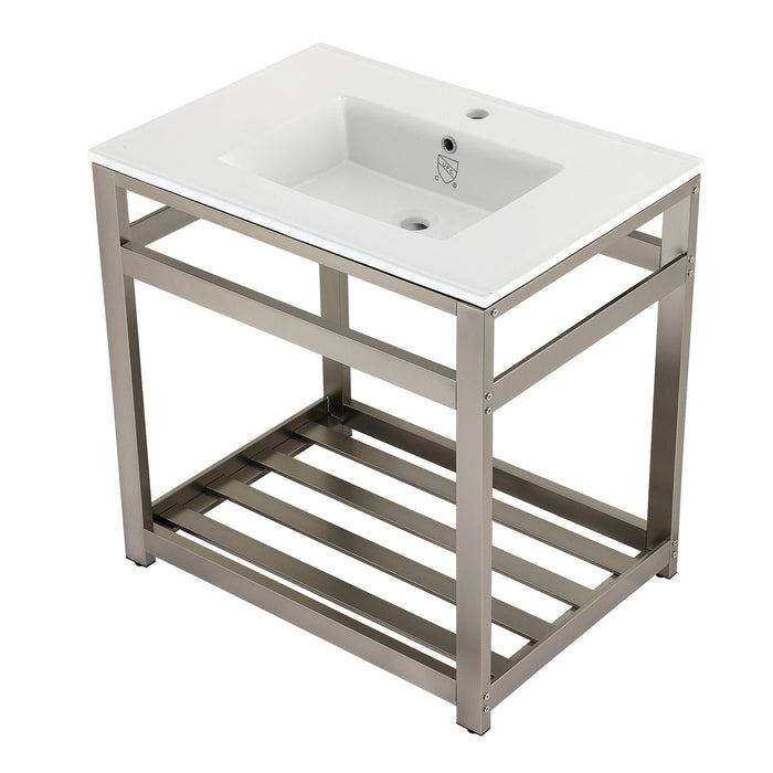 Kingston Sona VWP3122A8 - Quadras 31-Inch Ceramic Console Sink with Steel Base and Shelf (1-Hole), White/Brushed Nickel