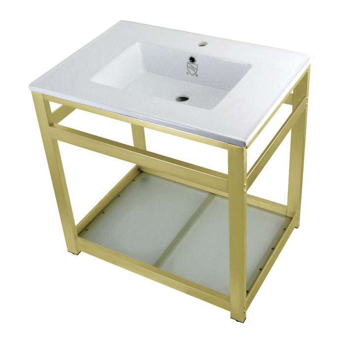 Kingston Sona VWP3122B7 - Quadras 31-Inch Ceramic Console Sink with Steel Base and Glass Shelf (1-Hole), White/Brushed Brass