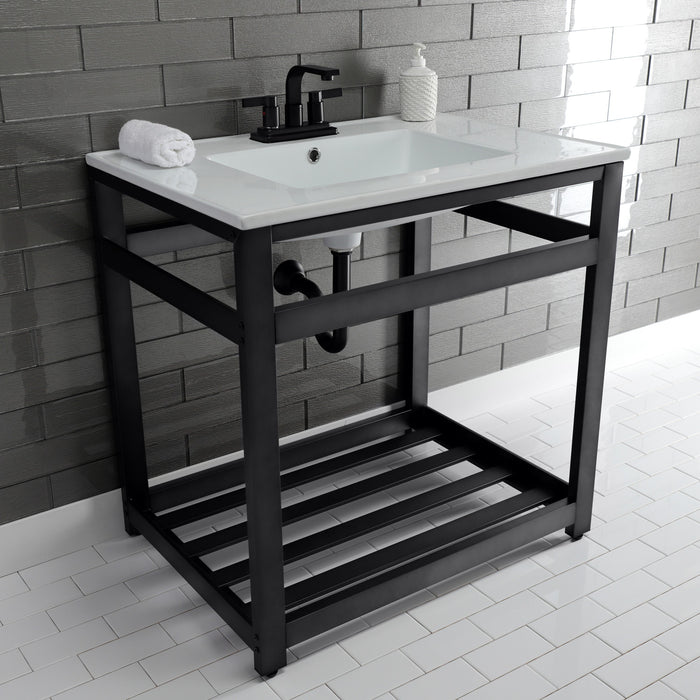 Kingston Sona VWP3122W4A0 - Quadras 31-Inch Ceramic Console Sink with Steel Base and Shelf (4-Inch, 3-Hole), White/Matte Black
