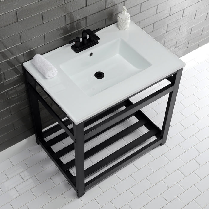 Kingston Sona VWP3122W4A0 - Quadras 31-Inch Ceramic Console Sink with Steel Base and Shelf (4-Inch, 3-Hole), White/Matte Black