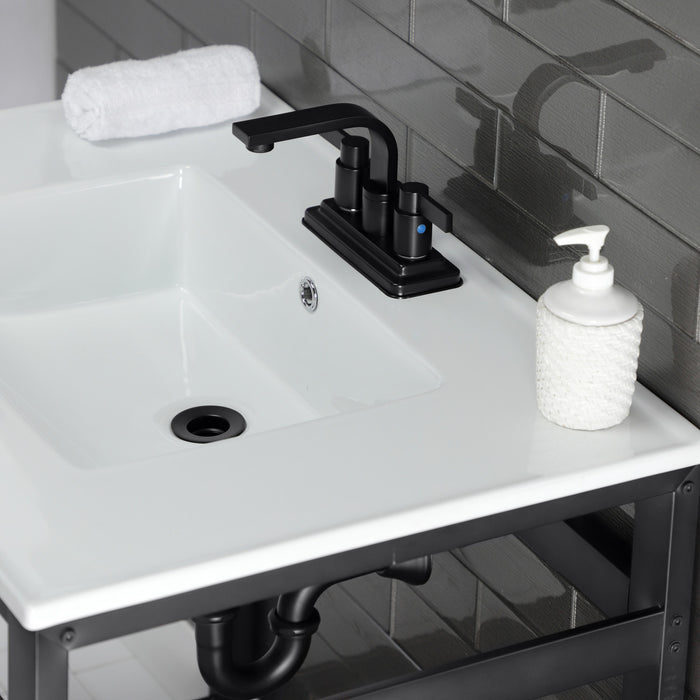Kingston Sona VWP3122W4A0 - Quadras 31-Inch Ceramic Console Sink with Steel Base and Shelf (4-Inch, 3-Hole), White/Matte Black