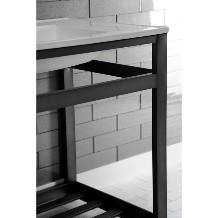 Kingston Sona VWP3122W4A0 - Quadras 31-Inch Ceramic Console Sink with Steel Base and Shelf (4-Inch, 3-Hole), White/Matte Black