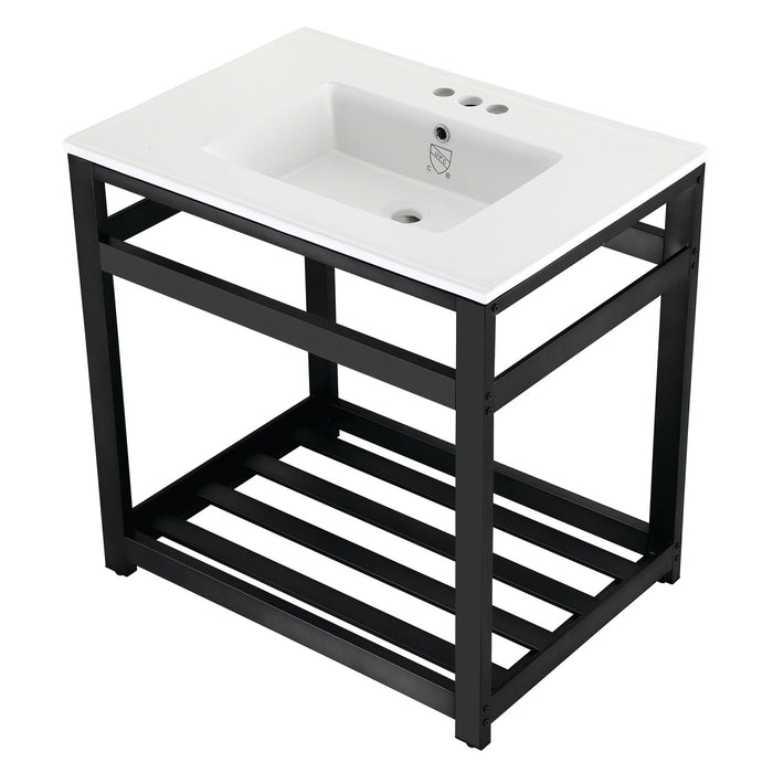 Kingston Sona VWP3122W4A0 - Quadras 31-Inch Ceramic Console Sink with Steel Base and Shelf (4-Inch, 3-Hole), White/Matte Black