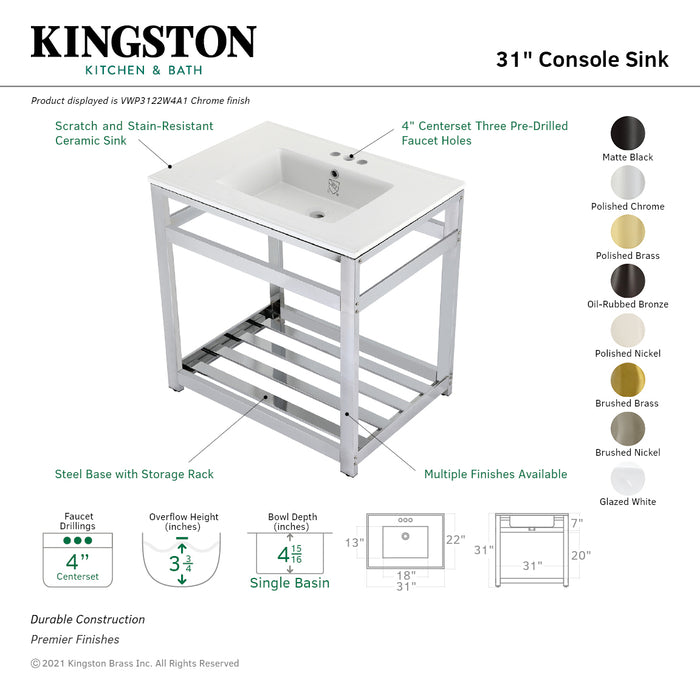 Kingston Sona VWP3122W4A1 - Quadras 31-Inch Ceramic Console Sink with Steel Base and Shelf (4-Inch, 3-Hole), White/Chrome