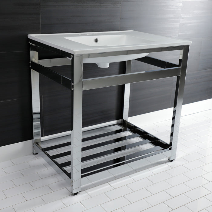 Kingston Sona VWP3122W4A1 - Quadras 31-Inch Ceramic Console Sink with Steel Base and Shelf (4-Inch, 3-Hole), White/Chrome