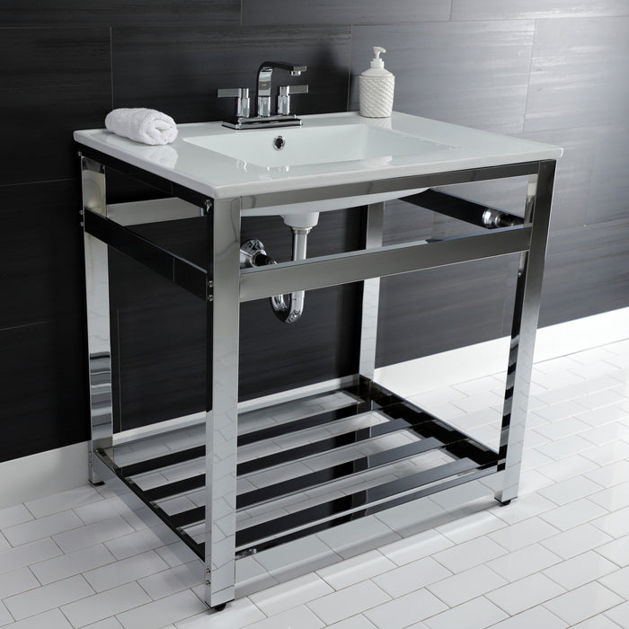 Kingston Sona VWP3122W4A1 - Quadras 31-Inch Ceramic Console Sink with Steel Base and Shelf (4-Inch, 3-Hole), White/Chrome