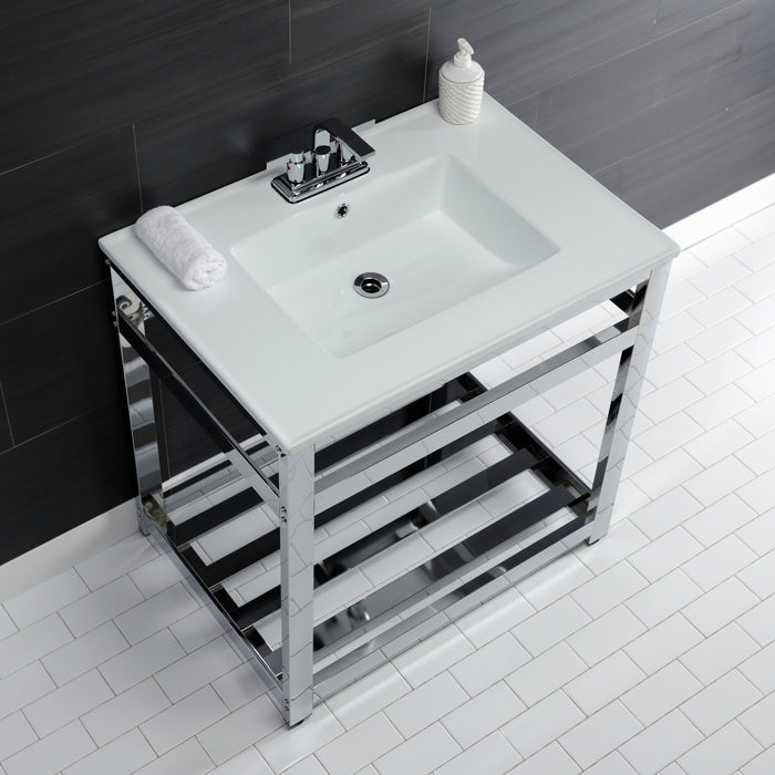 Kingston Sona VWP3122W4A1 - Quadras 31-Inch Ceramic Console Sink with Steel Base and Shelf (4-Inch, 3-Hole), White/Chrome