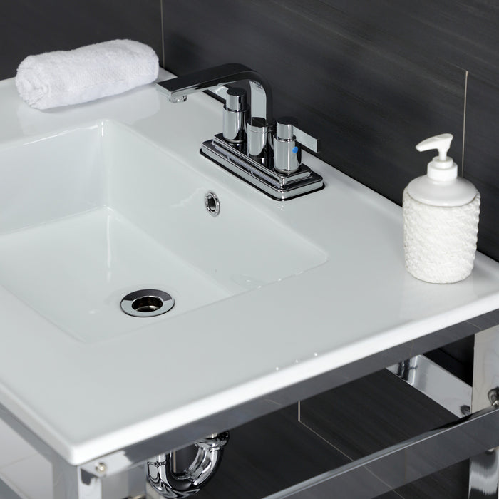 Kingston Sona VWP3122W4A1 - Quadras 31-Inch Ceramic Console Sink with Steel Base and Shelf (4-Inch, 3-Hole), White/Chrome