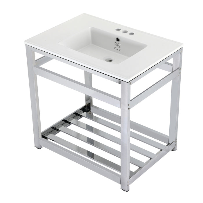 Kingston Sona VWP3122W4A1 - Quadras 31-Inch Ceramic Console Sink with Steel Base and Shelf (4-Inch, 3-Hole), White/Chrome