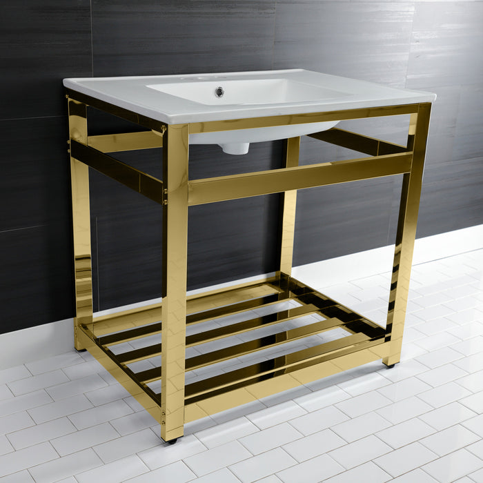 Kingston Sona VWP3122W4A2 - Quadras 31-Inch Ceramic Console Sink with Steel Base and Shelf (4-Inch, 3-Hole), White/Polished Brass