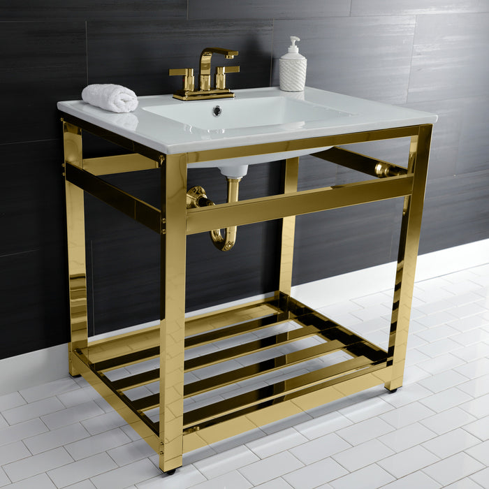 Kingston Sona VWP3122W4A2 - Quadras 31-Inch Ceramic Console Sink with Steel Base and Shelf (4-Inch, 3-Hole), White/Polished Brass