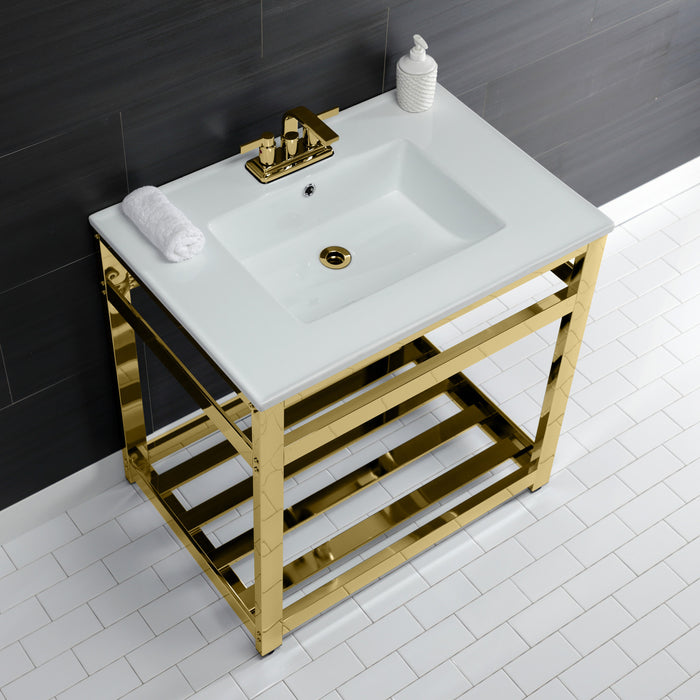 Kingston Sona VWP3122W4A2 - Quadras 31-Inch Ceramic Console Sink with Steel Base and Shelf (4-Inch, 3-Hole), White/Polished Brass