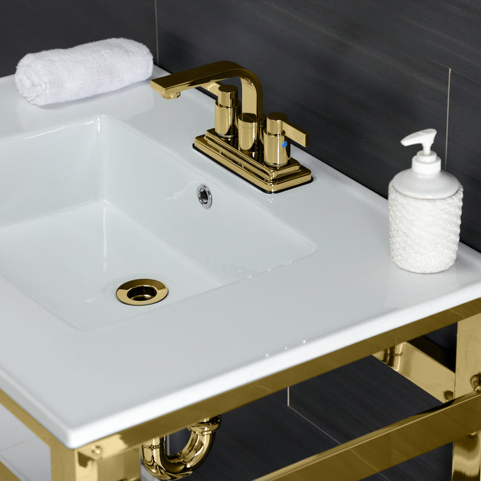 Kingston Sona VWP3122W4A2 - Quadras 31-Inch Ceramic Console Sink with Steel Base and Shelf (4-Inch, 3-Hole), White/Polished Brass