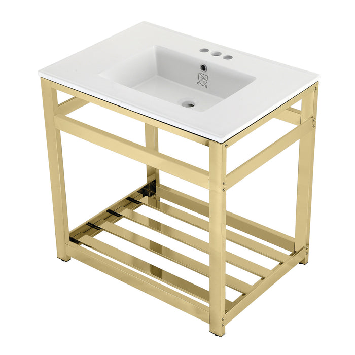 Kingston Sona VWP3122W4A2 - Quadras 31-Inch Ceramic Console Sink with Steel Base and Shelf (4-Inch, 3-Hole), White/Polished Brass