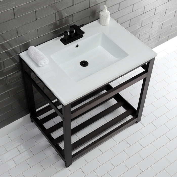 Kingston Sona VWP3122W4A5 - Quadras 31-Inch Ceramic Console Sink with Steel Base and Shelf (4-Inch, 3-Hole), White/Oil Rubbed Bronze