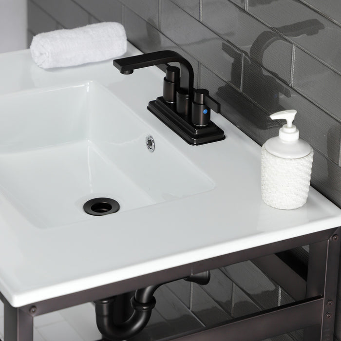 Kingston Sona VWP3122W4A5 - Quadras 31-Inch Ceramic Console Sink with Steel Base and Shelf (4-Inch, 3-Hole), White/Oil Rubbed Bronze
