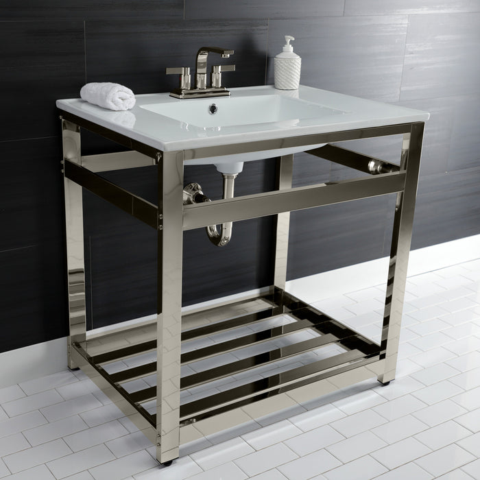 Kingston Sona VWP3122W4A6 - Quadras 31-Inch Ceramic Console Sink with Steel Base and Shelf (4-Inch, 3-Hole), White/Polished Nickel