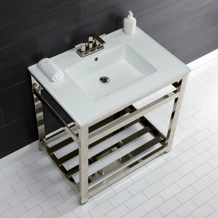 Kingston Sona VWP3122W4A6 - Quadras 31-Inch Ceramic Console Sink with Steel Base and Shelf (4-Inch, 3-Hole), White/Polished Nickel
