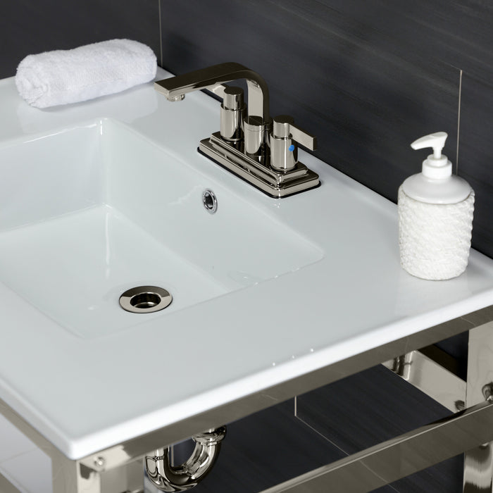Kingston Sona VWP3122W4A6 - Quadras 31-Inch Ceramic Console Sink with Steel Base and Shelf (4-Inch, 3-Hole), White/Polished Nickel
