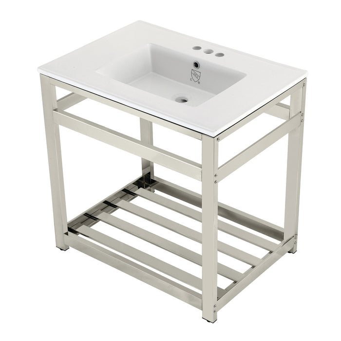 Kingston Sona VWP3122W4A6 - Quadras 31-Inch Ceramic Console Sink with Steel Base and Shelf (4-Inch, 3-Hole), White/Polished Nickel