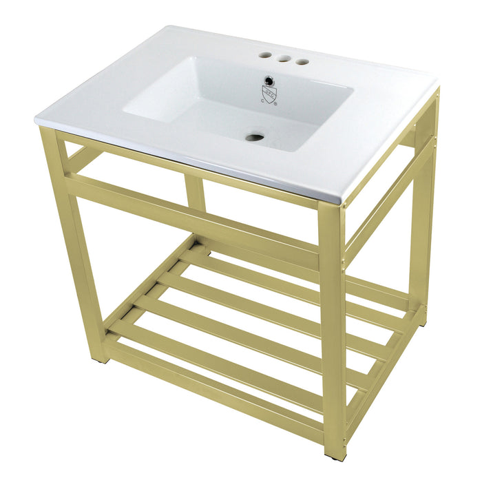 Kingston Sona VWP3122W4A7 - Quadras 31-Inch Ceramic Console Sink with Steel Base and Shelf (4-Inch, 3-Hole), White/Brushed Brass