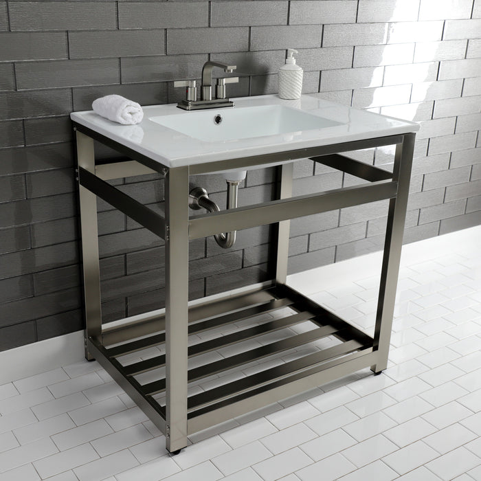 Kingston Sona VWP3122W4A8 - Quadras 31-Inch Ceramic Console Sink with Steel Base and Shelf (4-Inch, 3-Hole), White/Brushed Nickel
