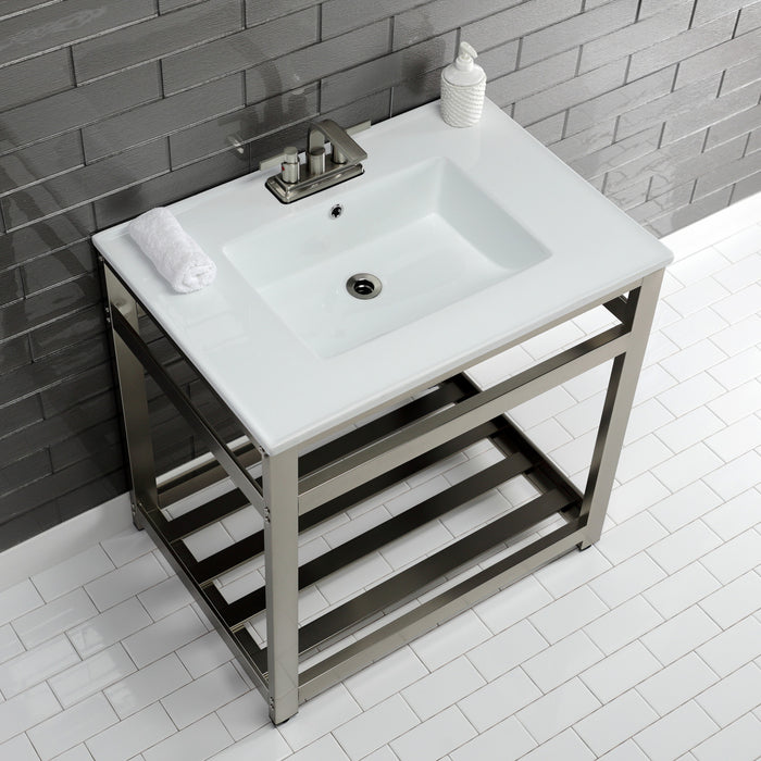Kingston Sona VWP3122W4A8 - Quadras 31-Inch Ceramic Console Sink with Steel Base and Shelf (4-Inch, 3-Hole), White/Brushed Nickel