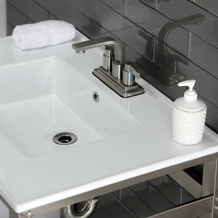 Kingston Sona VWP3122W4A8 - Quadras 31-Inch Ceramic Console Sink with Steel Base and Shelf (4-Inch, 3-Hole), White/Brushed Nickel