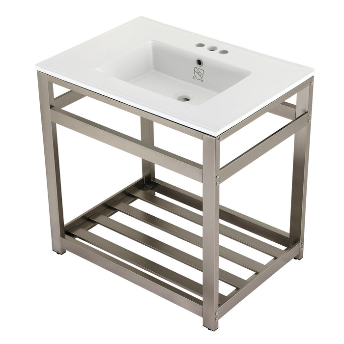 Kingston Sona VWP3122W4A8 - Quadras 31-Inch Ceramic Console Sink with Steel Base and Shelf (4-Inch, 3-Hole), White/Brushed Nickel