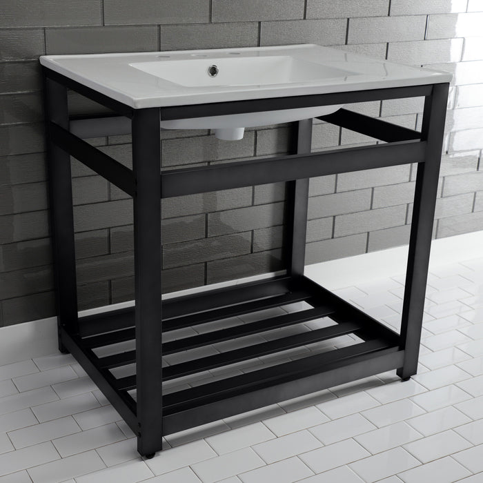 Kingston Sona VWP3122W8A0 - Quadras 31-Inch Ceramic Console Sink with Steel Base and Shelf (8-Inch, 3-Hole), White/Matte Black