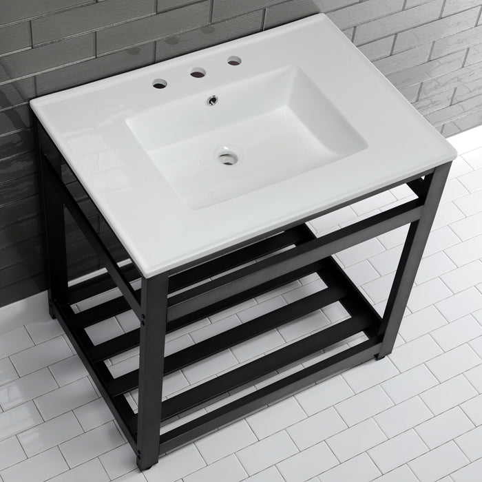 Kingston Sona VWP3122W8A0 - Quadras 31-Inch Ceramic Console Sink with Steel Base and Shelf (8-Inch, 3-Hole), White/Matte Black