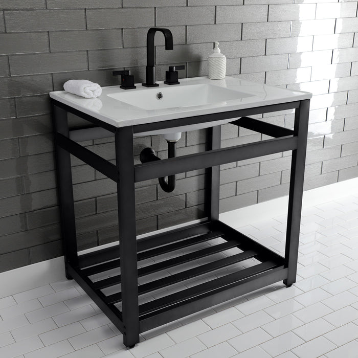 Kingston Sona VWP3122W8A0 - Quadras 31-Inch Ceramic Console Sink with Steel Base and Shelf (8-Inch, 3-Hole), White/Matte Black