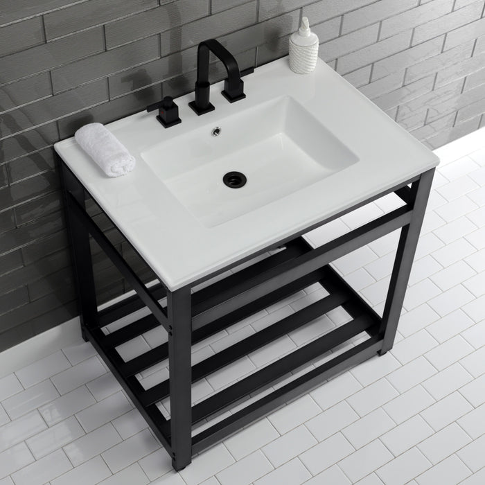 Kingston Sona VWP3122W8A0 - Quadras 31-Inch Ceramic Console Sink with Steel Base and Shelf (8-Inch, 3-Hole), White/Matte Black