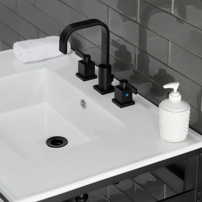 Kingston Sona VWP3122W8A0 - Quadras 31-Inch Ceramic Console Sink with Steel Base and Shelf (8-Inch, 3-Hole), White/Matte Black