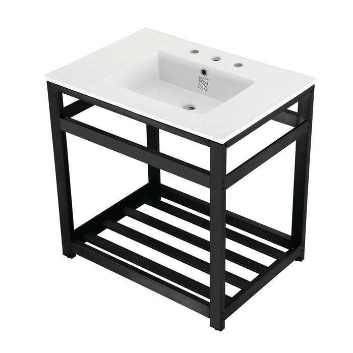 Kingston Sona VWP3122W8A0 - Quadras 31-Inch Ceramic Console Sink with Steel Base and Shelf (8-Inch, 3-Hole), White/Matte Black
