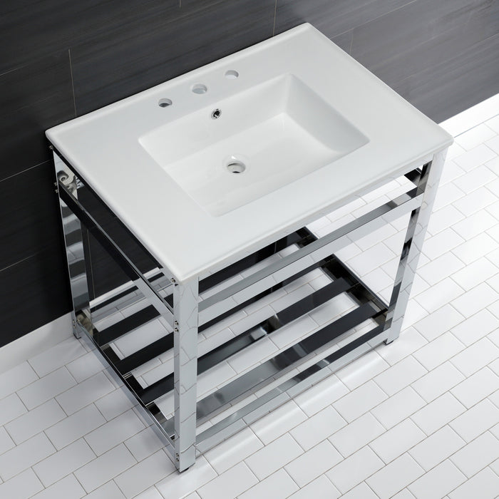 Kingston Sona VWP3122W8A1 - Quadras 31-Inch Ceramic Console Sink with Steel Base and Shelf (8-Inch, 3-Hole), White/Chrome