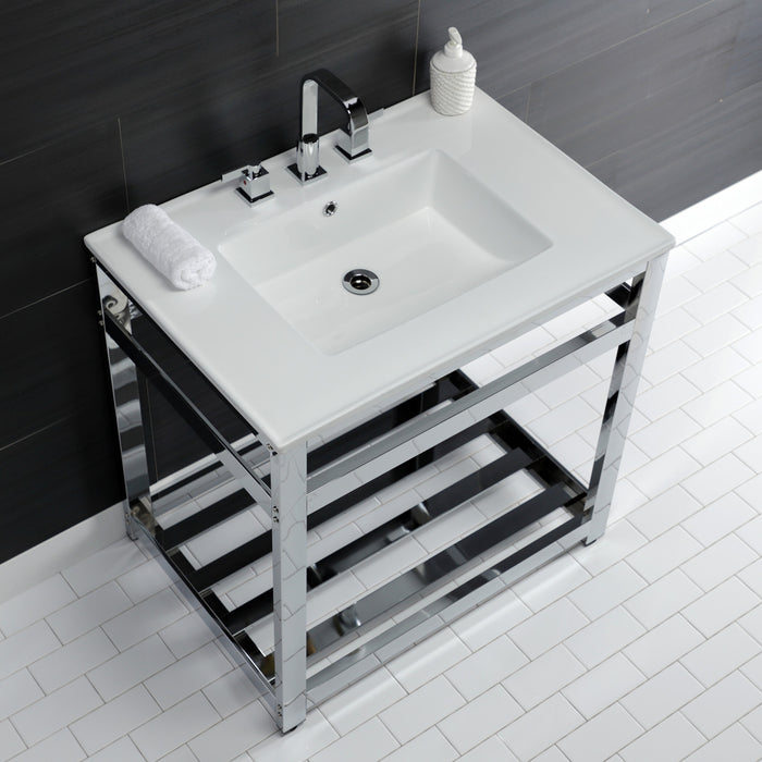 Kingston Sona VWP3122W8A1 - Quadras 31-Inch Ceramic Console Sink with Steel Base and Shelf (8-Inch, 3-Hole), White/Chrome