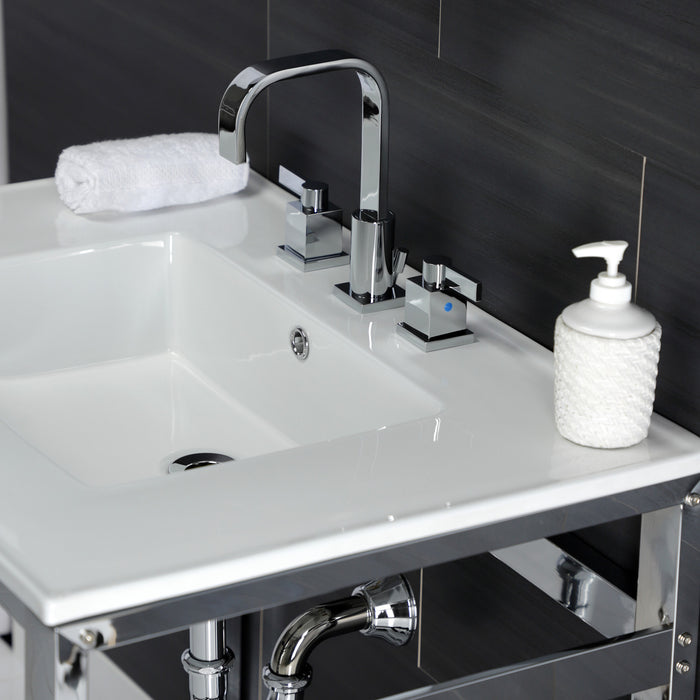 Kingston Sona VWP3122W8A1 - Quadras 31-Inch Ceramic Console Sink with Steel Base and Shelf (8-Inch, 3-Hole), White/Chrome