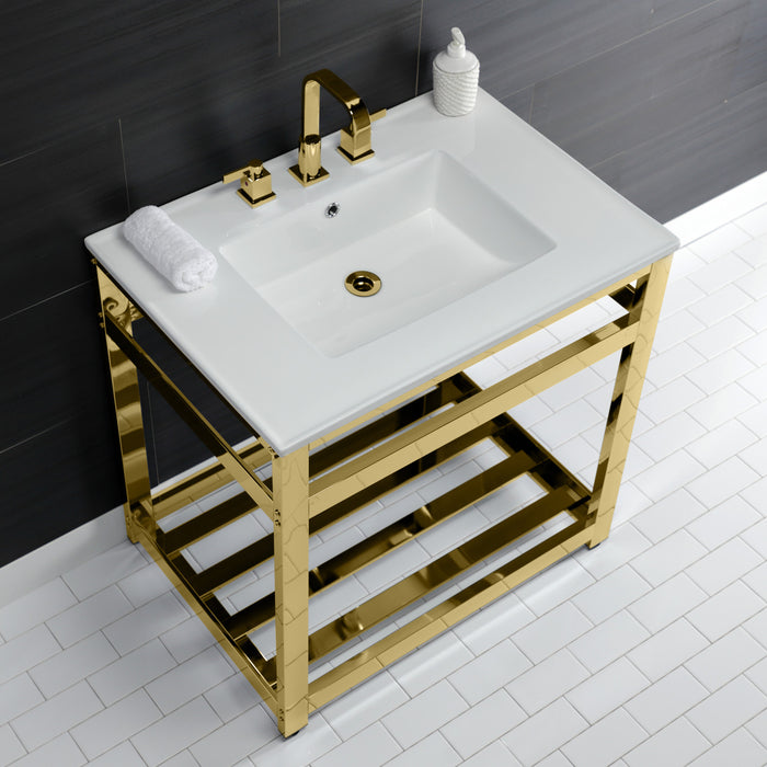 Kingston Sona VWP3122W8A2 - Quadras 31-Inch Ceramic Console Sink with Steel Base and Shelf (8-Inch, 3-Hole), White/Polished Brass