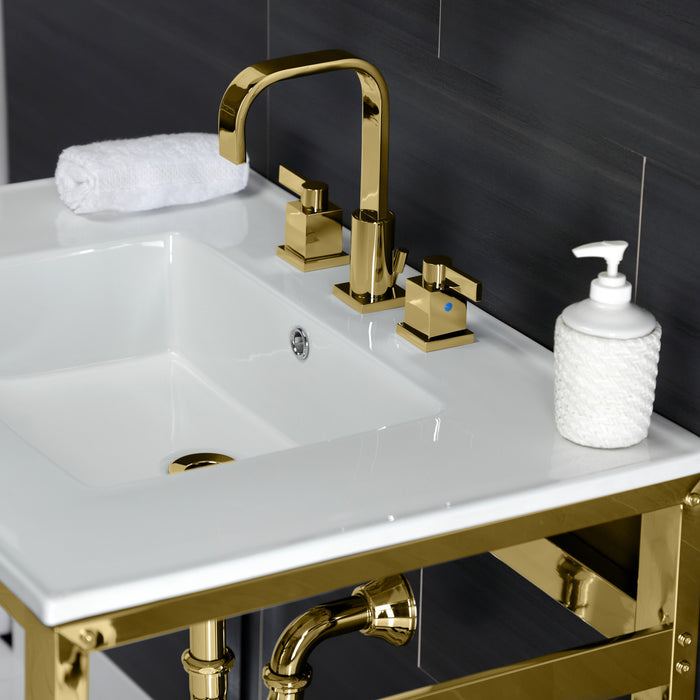 Kingston Sona VWP3122W8A2 - Quadras 31-Inch Ceramic Console Sink with Steel Base and Shelf (8-Inch, 3-Hole), White/Polished Brass