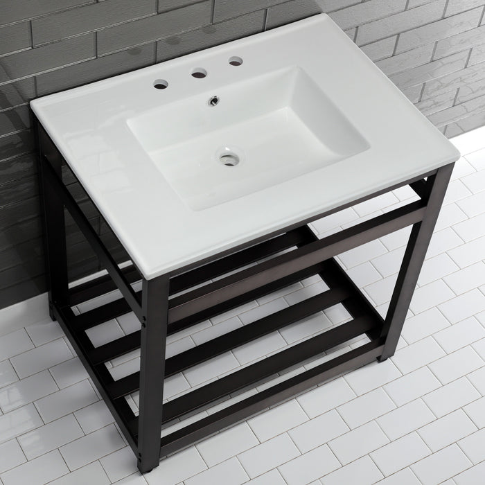 Kingston Sona VWP3122W8A5 - Quadras 31-Inch Ceramic Console Sink with Steel Base and Shelf (8-Inch, 3-Hole), White/Oil Rubbed Bronze