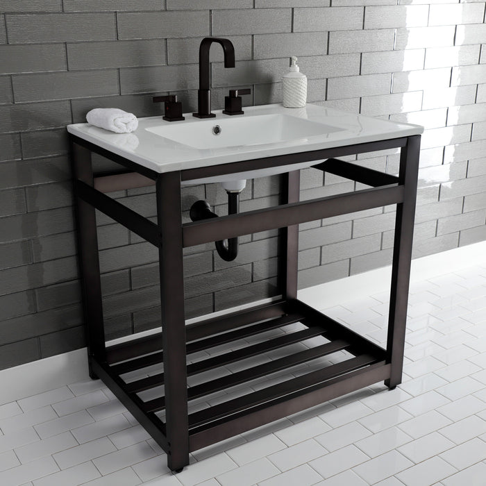 Kingston Sona VWP3122W8A5 - Quadras 31-Inch Ceramic Console Sink with Steel Base and Shelf (8-Inch, 3-Hole), White/Oil Rubbed Bronze