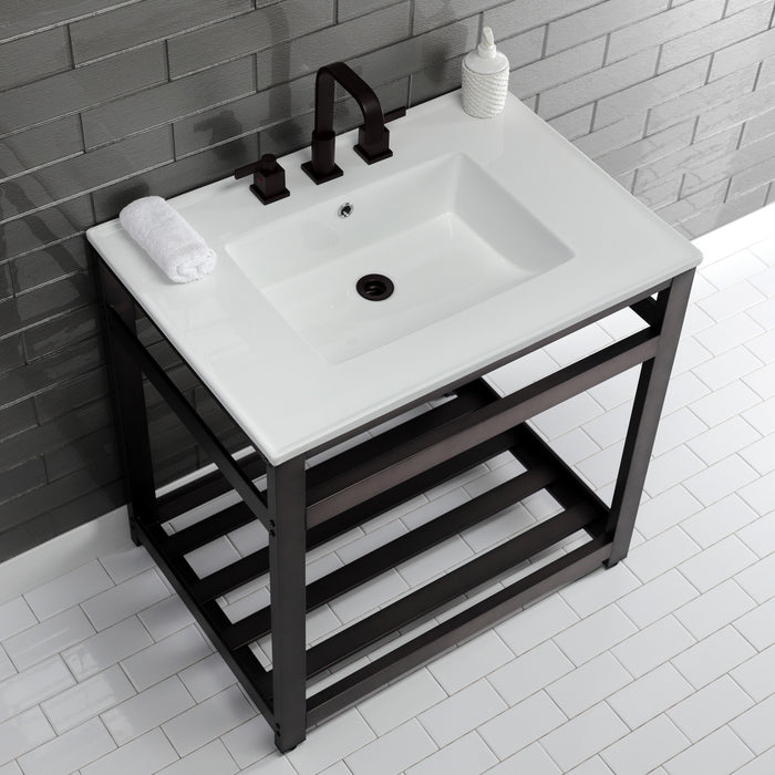 Kingston Sona VWP3122W8A5 - Quadras 31-Inch Ceramic Console Sink with Steel Base and Shelf (8-Inch, 3-Hole), White/Oil Rubbed Bronze